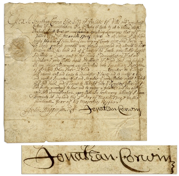 Jonathan Corwin, Judge of the Salem Witch Trials, Document Signed as Salem Judge -- Document Has Association to the Infamous Trials